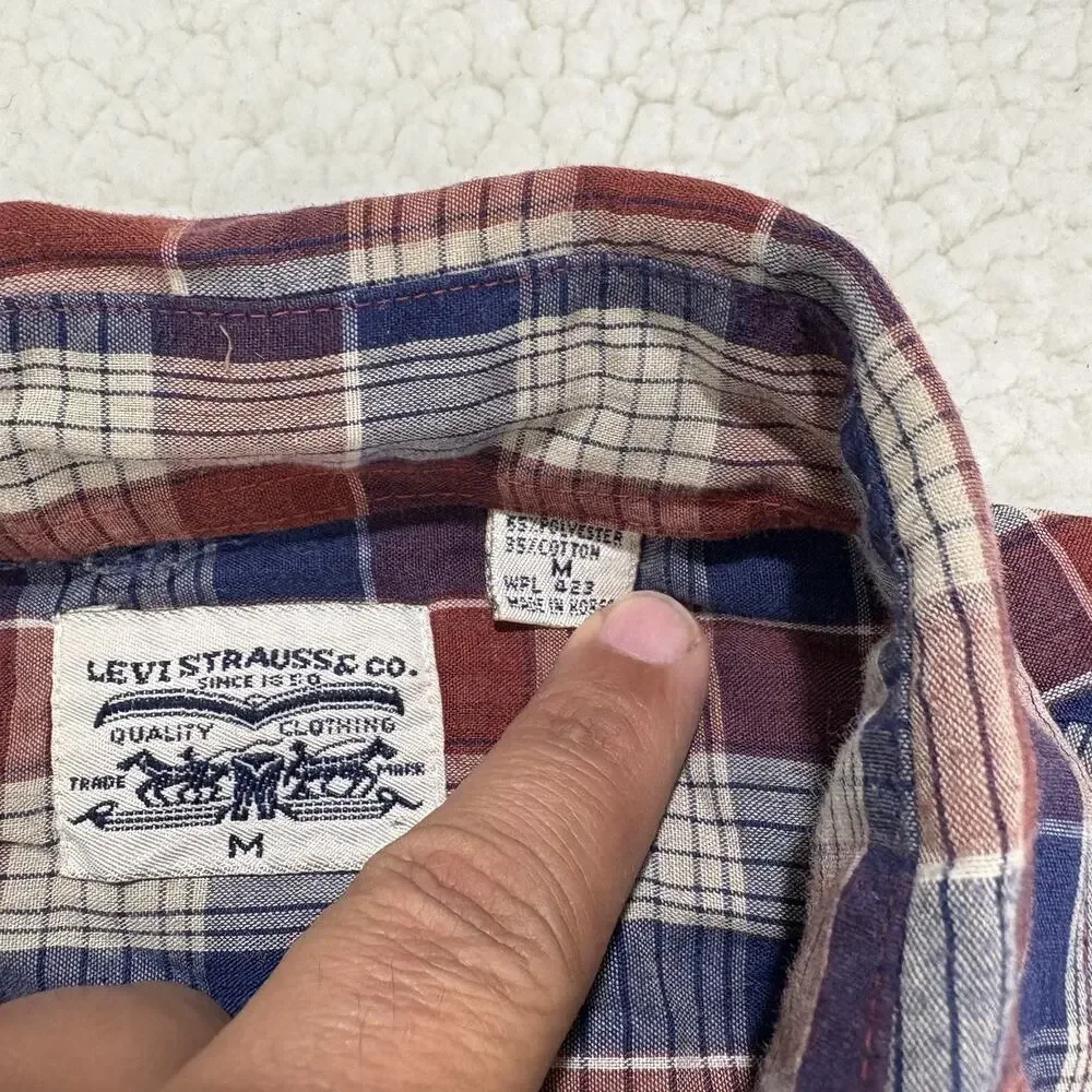 Vintage‎ Levi Strauss & Co Western Pearl Snap Shirt Mens Size M Red Blue Plaid